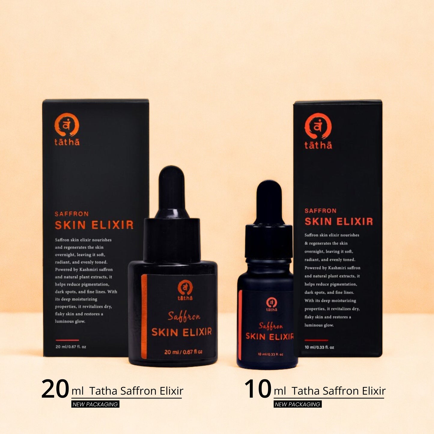 Tatha Saffron Skin Elixir displayed in an open box with two variants inside – 20ml and 10ml bottles.