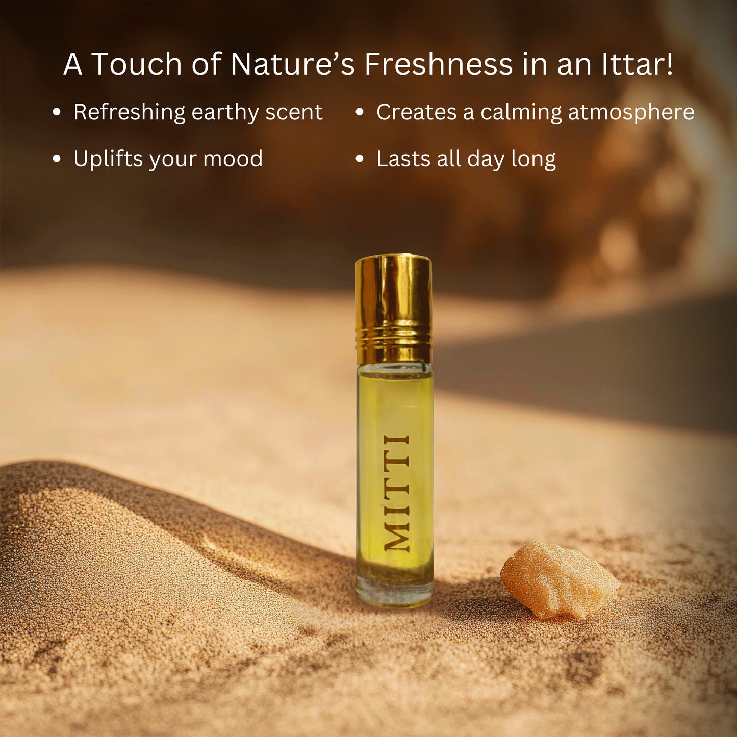 Tatha Mitti Attar in a 10ml white glass bottle with golden cap, offering a refreshing earthy scent that creates a calming atmosphere, uplifts mood, and lasts all day.