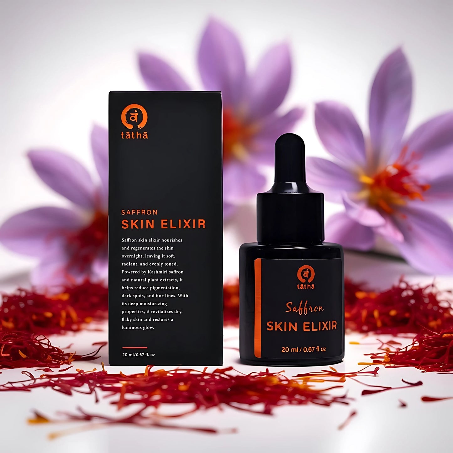 Tatha Saffron Skin Elixir with both open and closed box displayed, showing the 20ml bottle size.