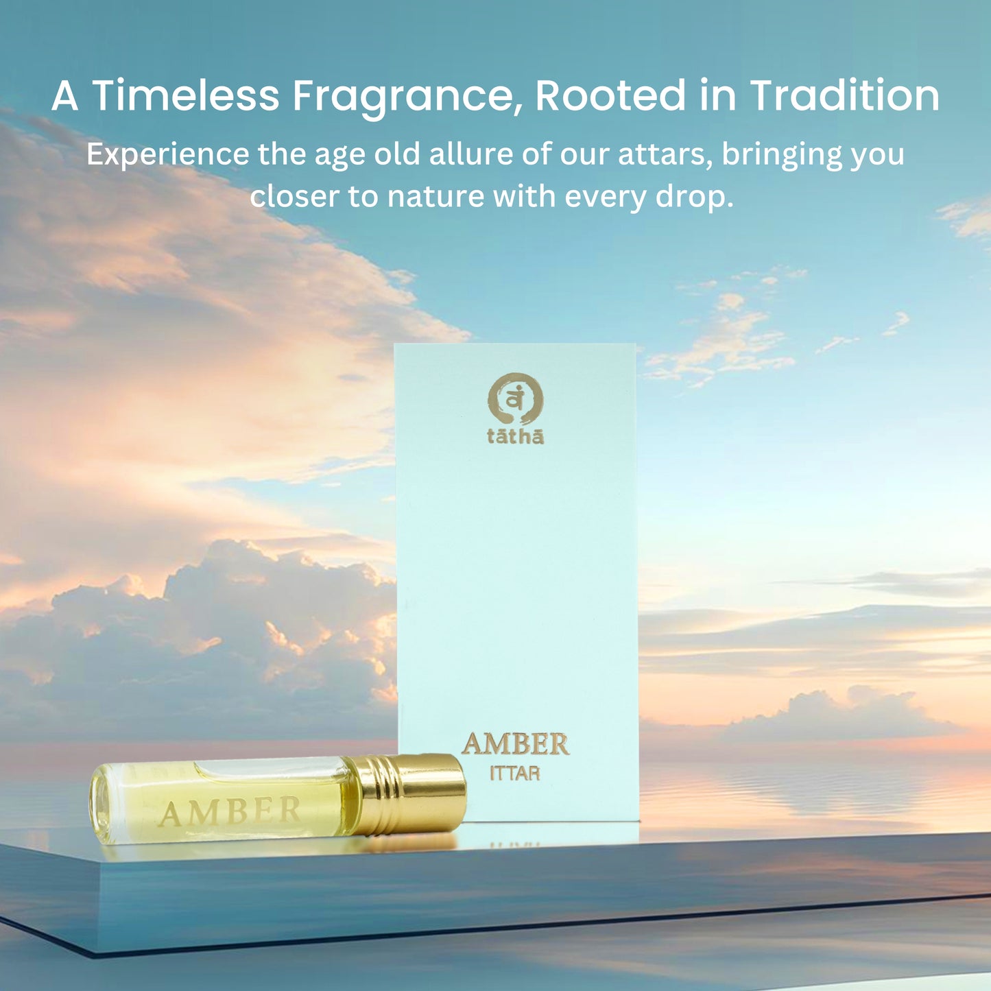 Tatha Amber Attar White Musk in a glass bottle with golden cap, displayed with both open and closed box; a timeless fragrance rooted in tradition, bringing you closer to nature with every drop.