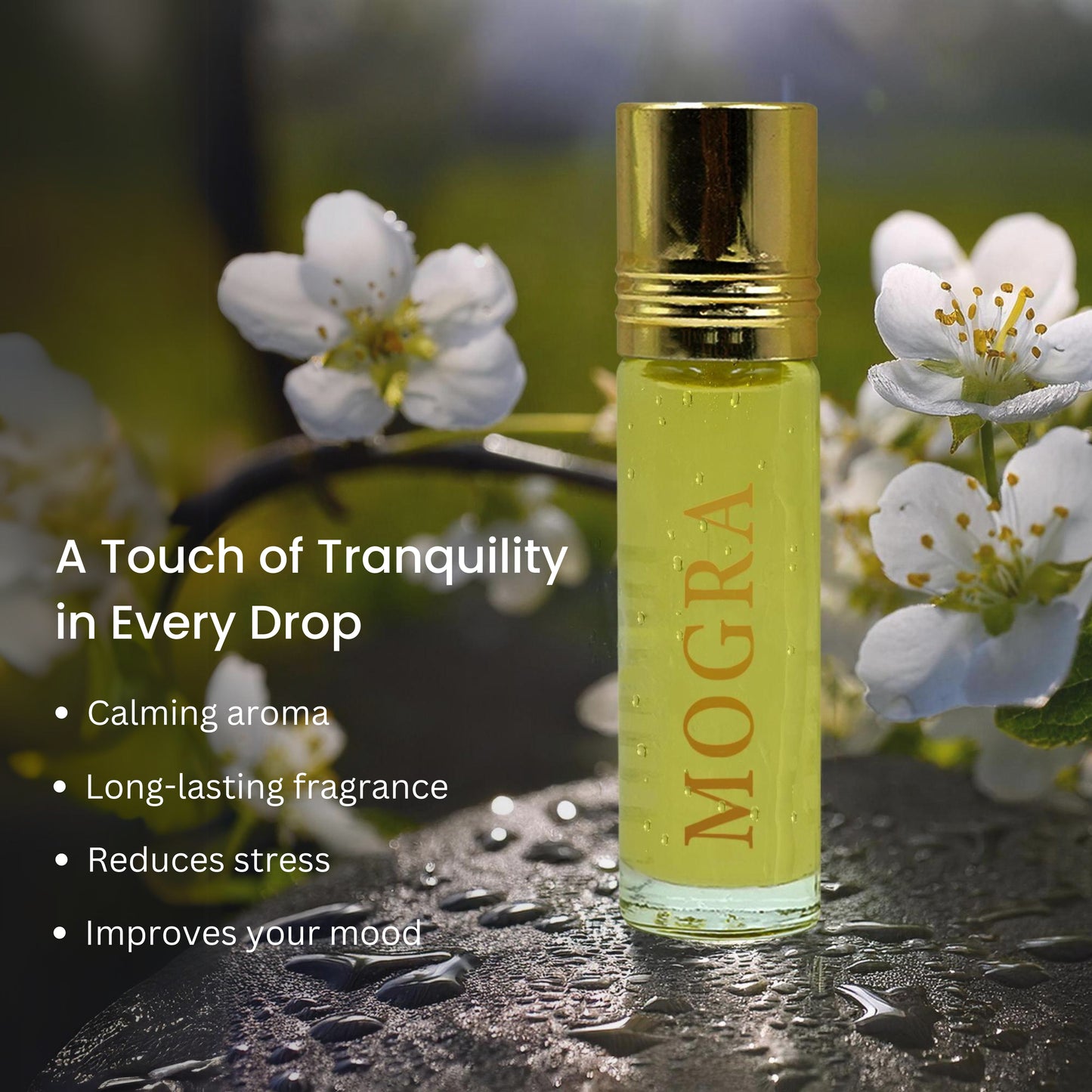 Tatha Mogra Attar in a 10ml glass bottle with flower inside; a calming aroma offering a touch of tranquility in every drop, long-lasting fragrance that reduces stress and uplifts mood.