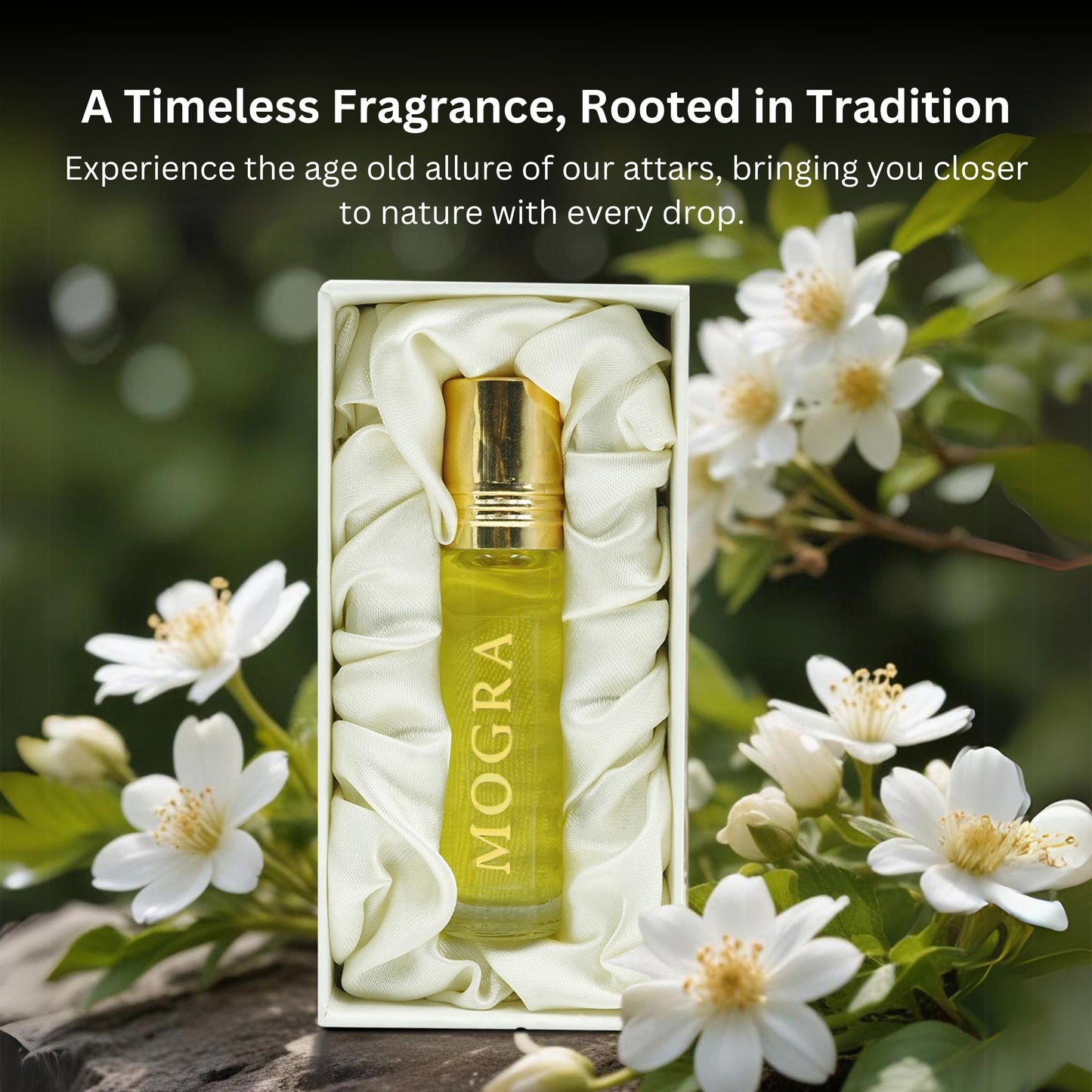 Tatha Mogra Attar in a glass bottle, displayed with open box; a timeless fragrance rooted in tradition, bringing you closer to nature with every drop and evoking the age-old allure of attars.