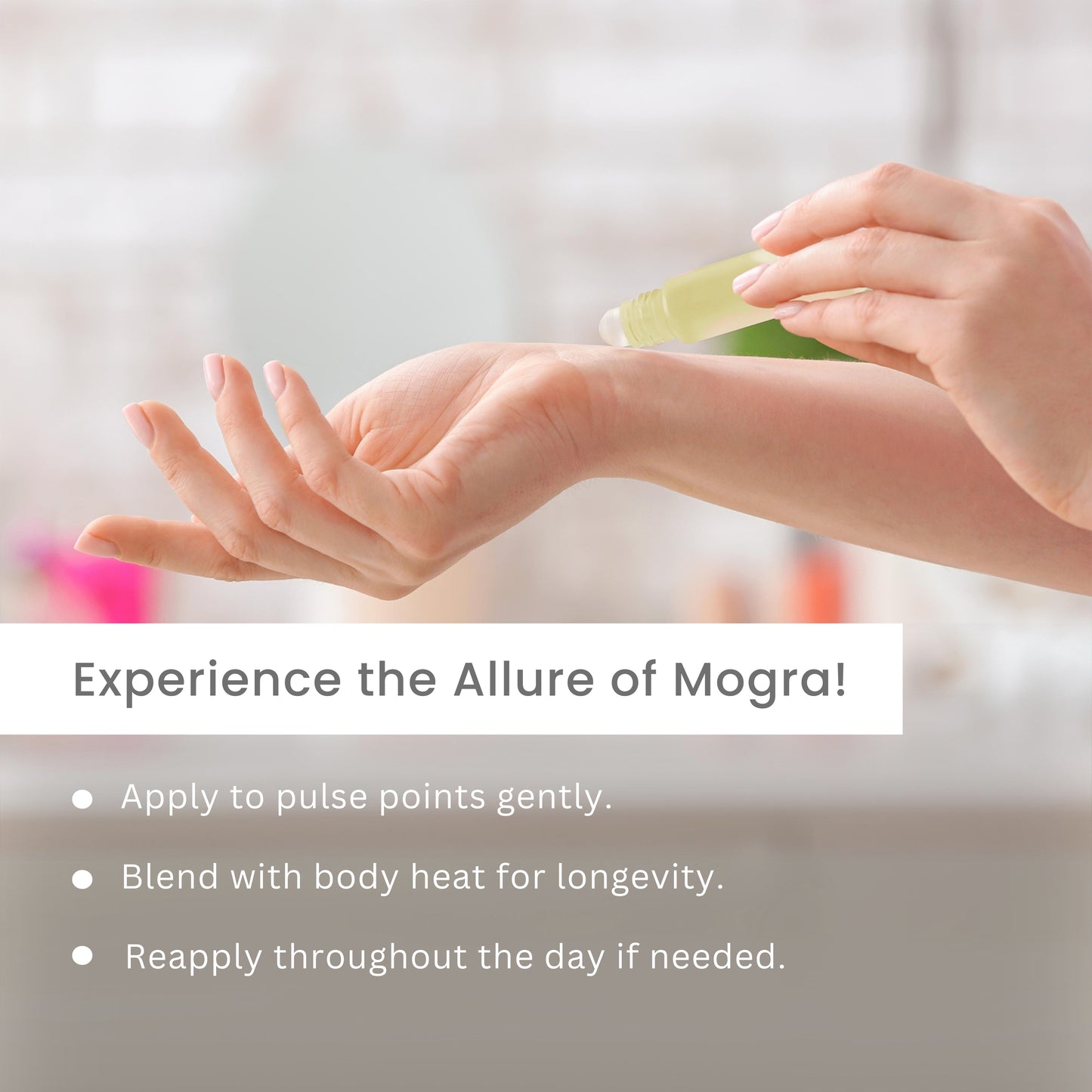 Tatha Mogra Attar with roller applicator held in hand; experience the allure of mogra by gently applying to pulse points, blending with body heat for a long-lasting scent, with reapplication as needed.