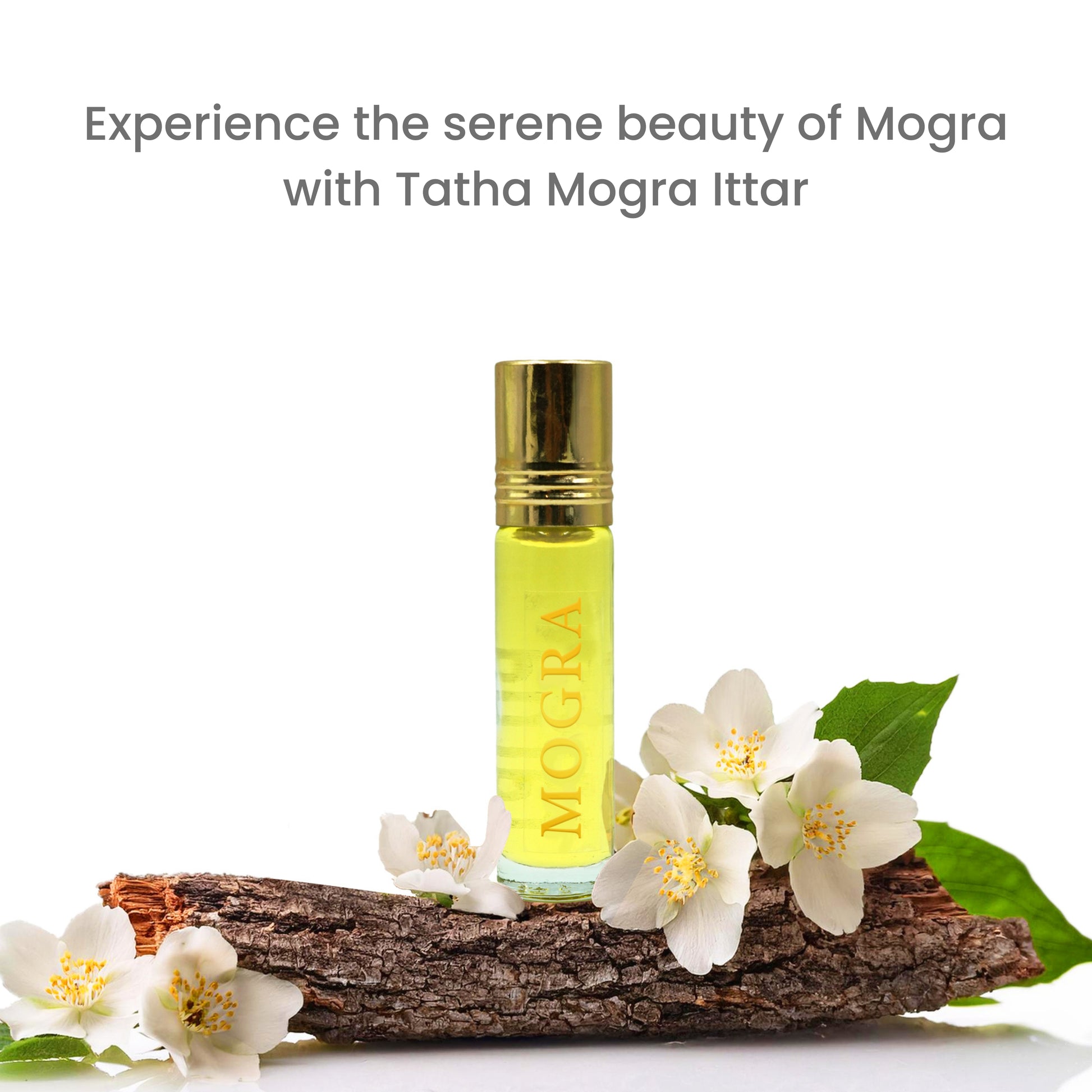 Tatha Mogra Attar in a 10ml glass bottle with a mogra flower inside; experience the serene beauty of mogra with Tatha’s signature attar.