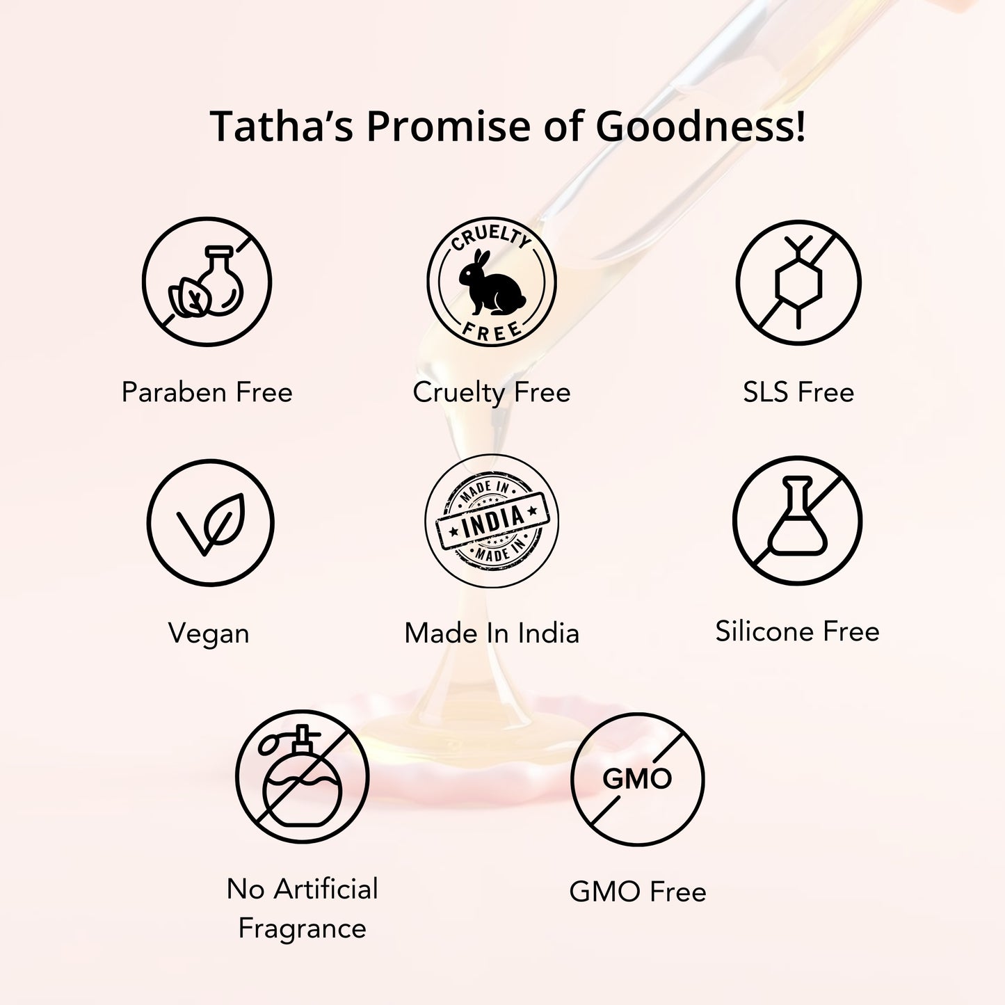 Tatha Detan Serum bottle shown alongside icons representing Tatha's Promise of Goodness: Cruelty-Free, Problem-Free, Vegan, No Artificial Fragrance, GMO-Free, Silicone-Free, SLS-Free, and Made in India.
