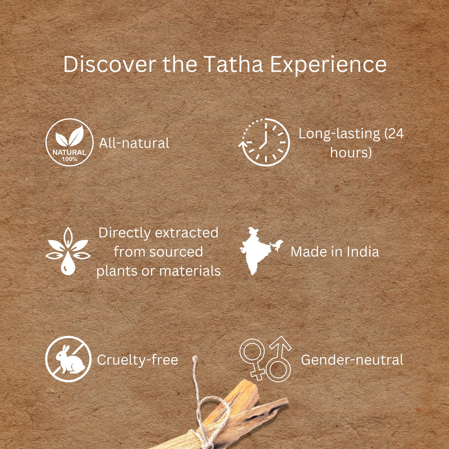 Tatha Sandalwood Attar with Tatha's Promise – all natural, long-lasting, cruelty-free, gender-neutral, made in India, directly extracted from source plants or materials; discover the Tatha experience