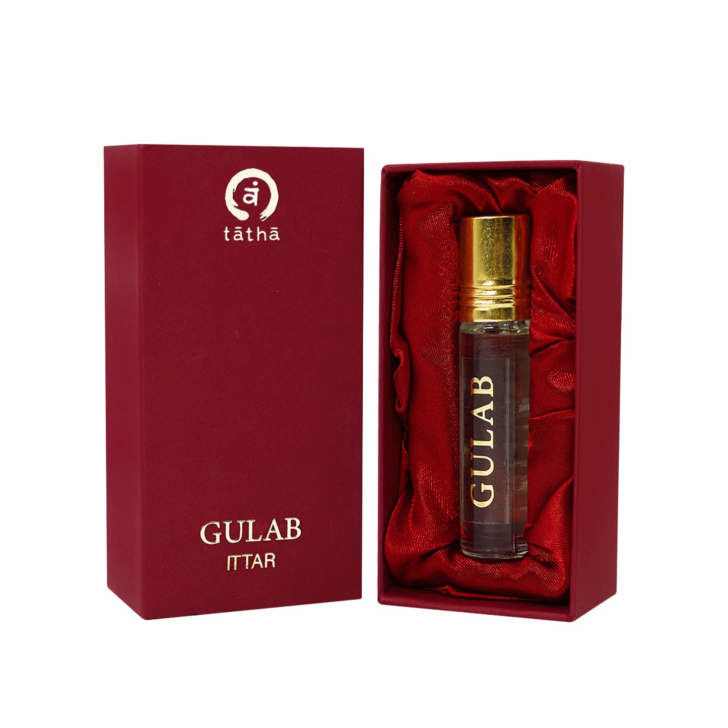 Tatha Gulab Attar in a glass bottle with golden cap, shown with both open and closed attar box.