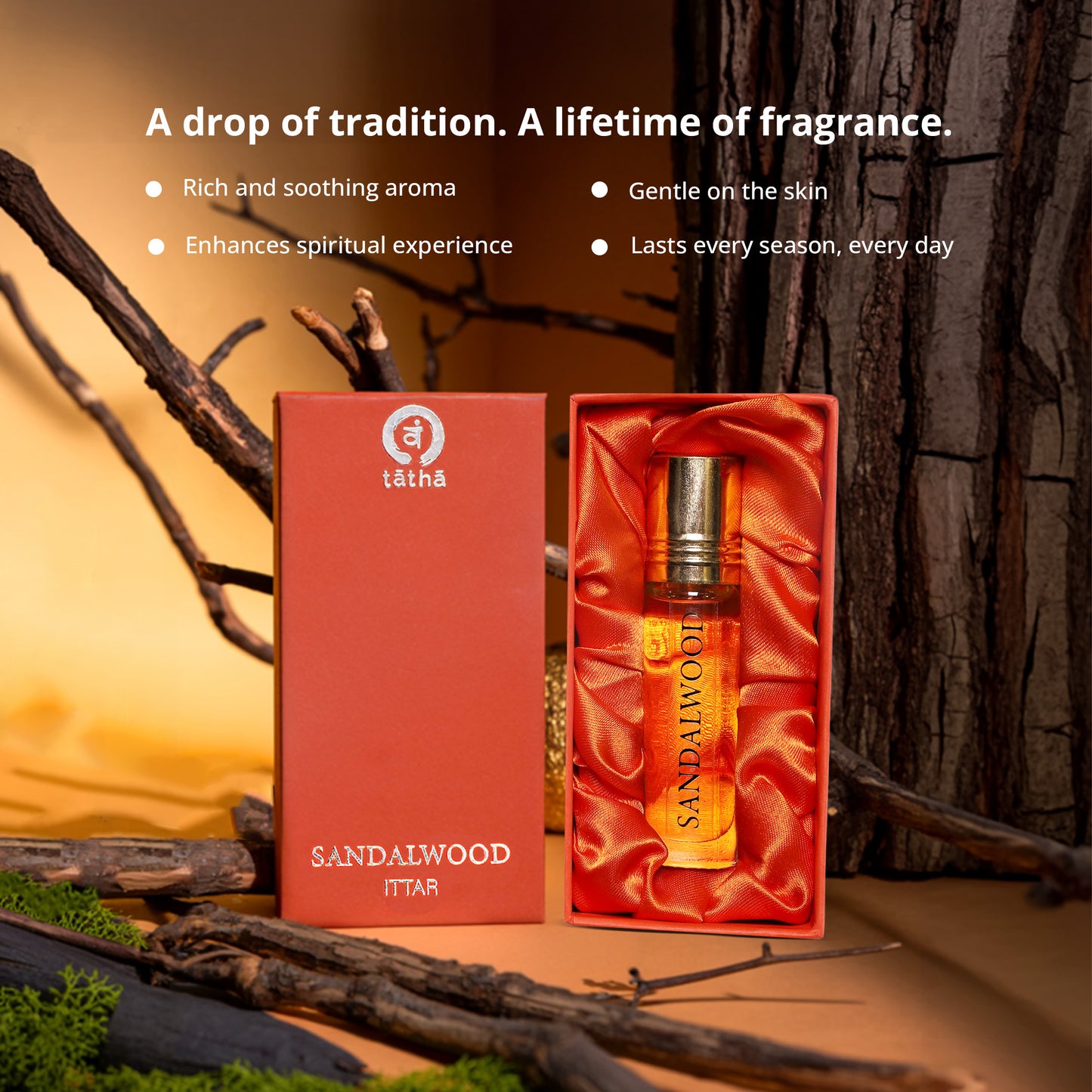 Tatha Sandalwood Attar with open and closed box on display – a drop of tradition, a lifetime of fragrance; rich and smooth aroma, gentle on the skin