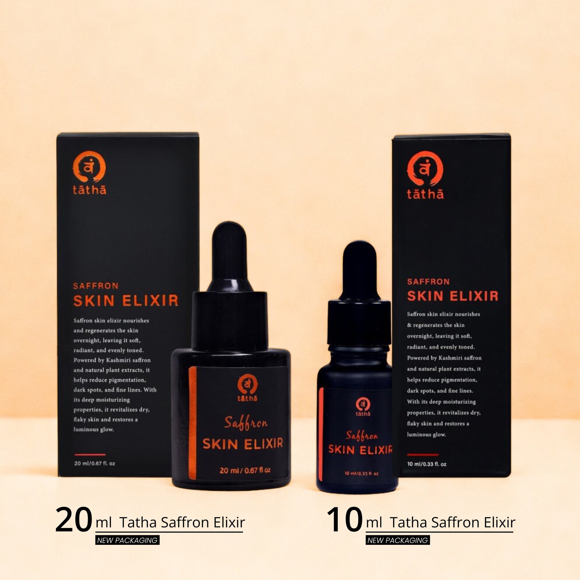 Tatha Saffron Skin Elixir displayed in an open box with two variants inside – 20ml and 10ml bottles.