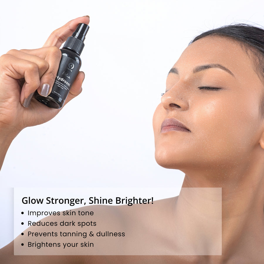 Young women using Tatha Brand Detan Hydrosol spray, promoting glowing, stronger, and brighter skin; improves skin tone, reduces dark spots, prevents tanning and dullness, and brightens complexion.