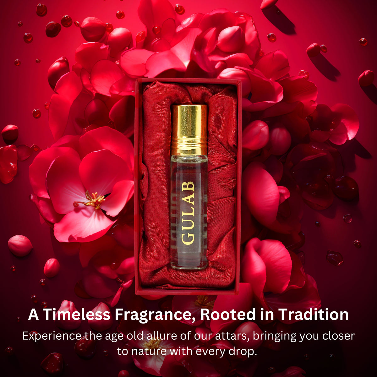 Tatha Gulab Attar in a glass bottle with golden cap, displayed with open box; a timeless rose fragrance rooted in tradition, bringing you closer to nature with every drop.
