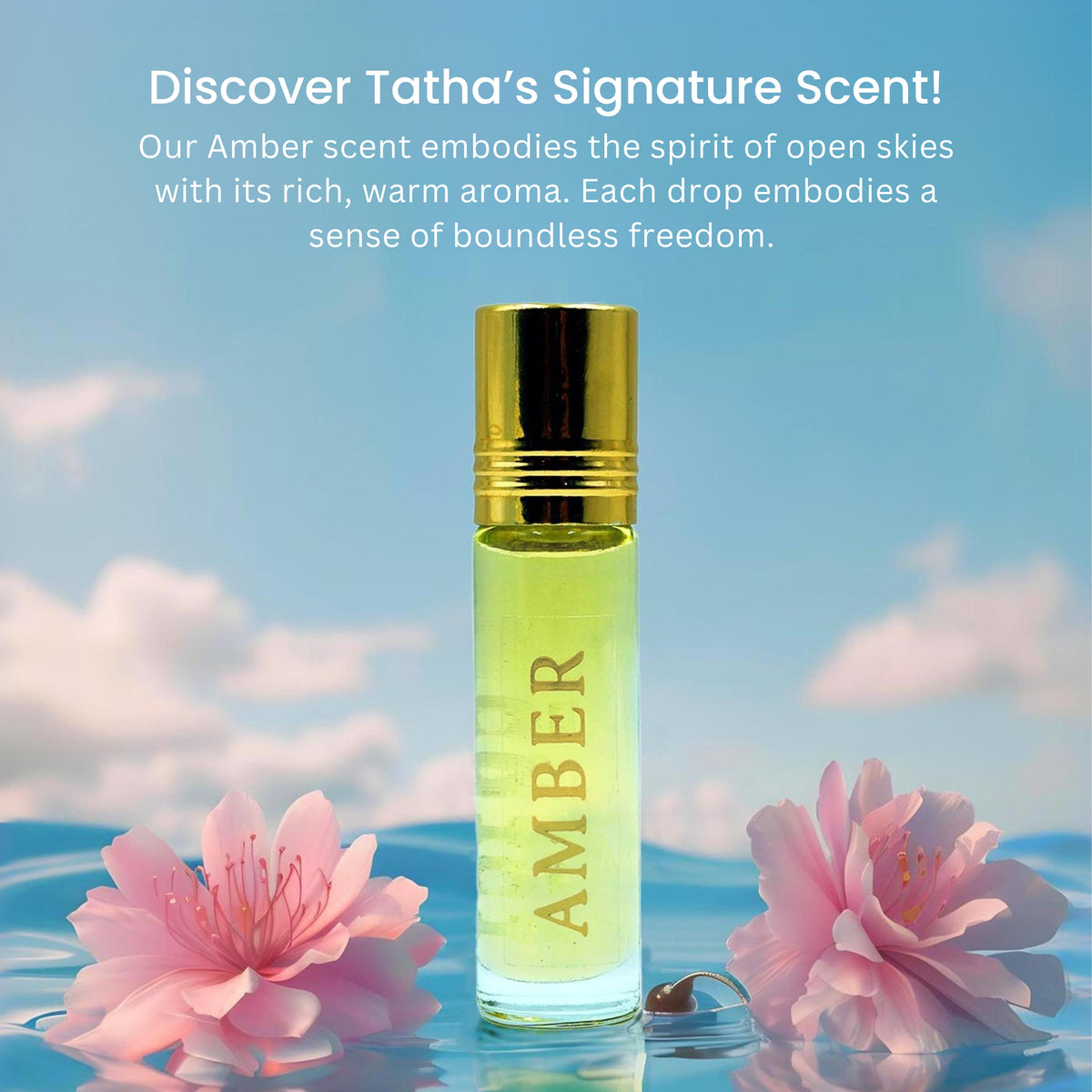 Tatha Amber Attar White Musk in a glass bottle with golden cap and labeled sticker, featuring a rich, warm aroma that embodies open skies and a sense of boundless freedom — Tatha's signature scent.