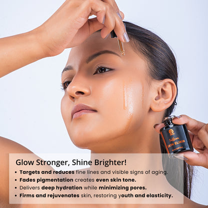 Tatha Saffron Skin Elixir applied by a woman using a dropper from a 20ml glass bottle – enhances glow and brightness, fades pigmentation, deeply hydrates, minimizes pores, firms and rejuvenates skin for youthful elasticity.