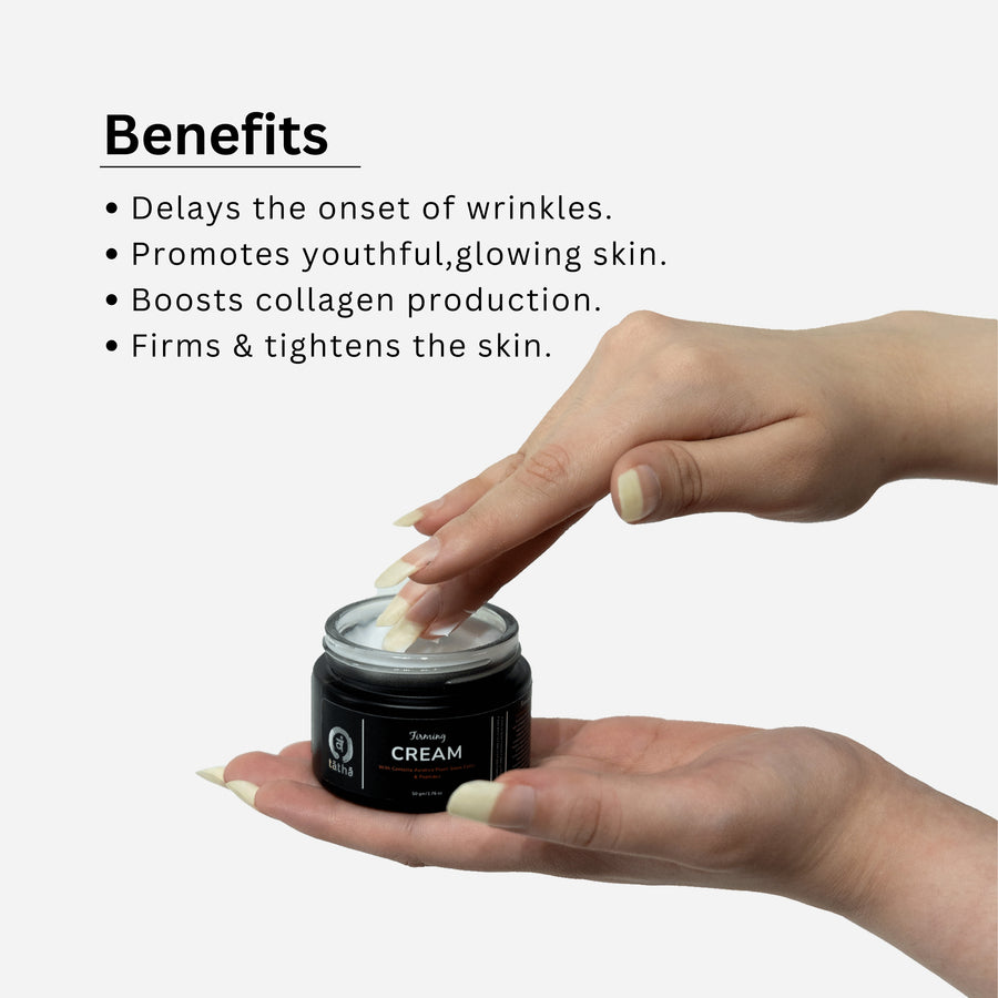 Tatha Firming Cream with open cap; benefits include delaying the onset of wrinkles, promoting youthful glowing skin, boosting collagen production, and firming and tightening the skin.