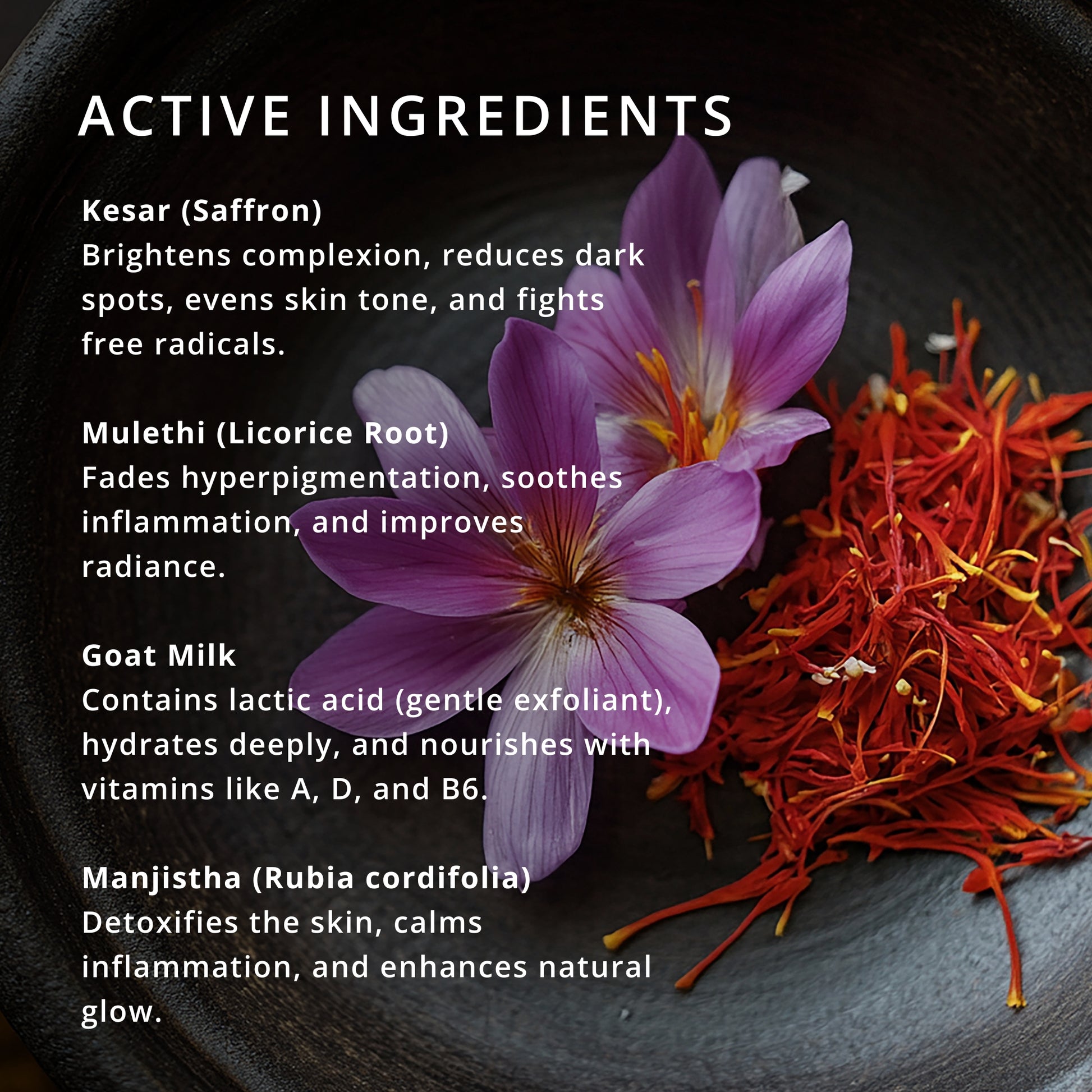 Tatha Saffron Skin Elixir with active ingredients including Kesar (saffron), Mulethi (licorice root), Goat Milk, and Manjistha (Rubia cordifolia).