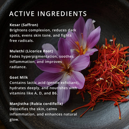 Tatha Saffron Skin Elixir with active ingredients including Kesar (saffron), Mulethi (licorice root), Goat Milk, and Manjistha (Rubia cordifolia).