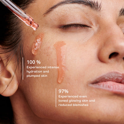 Tatha Saffron Skin Elixir with dropper applying 2-3 drops on face – 100% users experience intense hydration and plumped skin; 97% report even-toned, glowing skin with reduced blemishes.