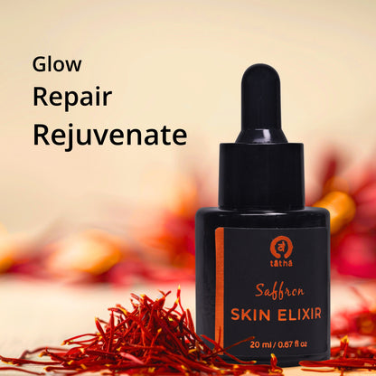 Tatha Saffron Skin Elixir in 20ml black glass bottle with black dropper – glow, repair, rejuvenate with saffron.