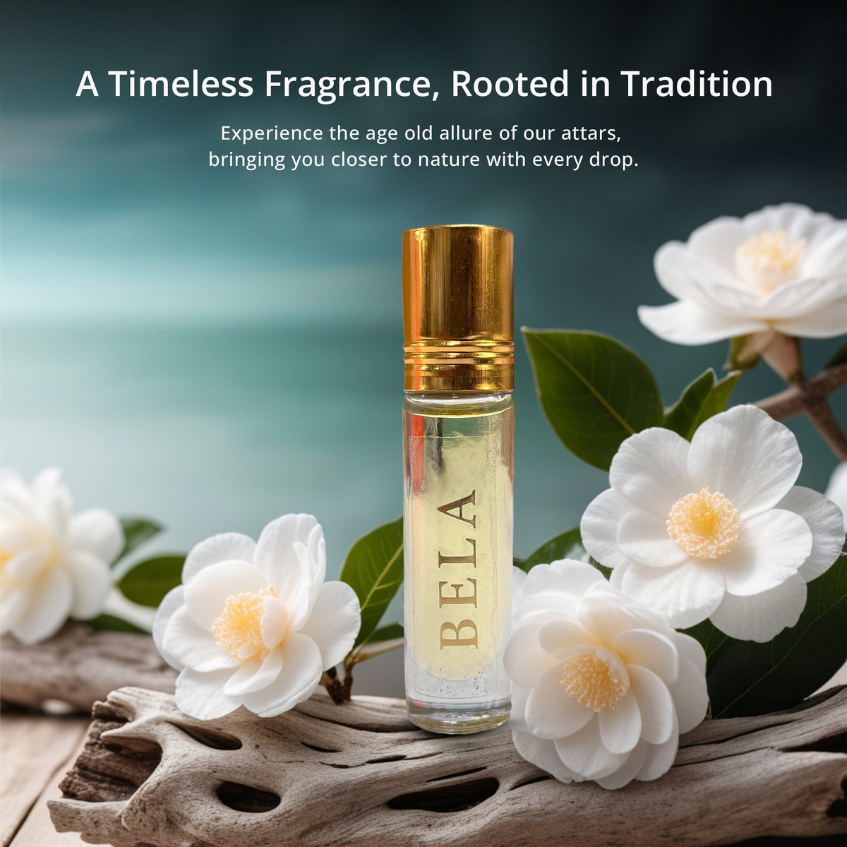 Tatha Bela Attar in a 10ml transparent glass bottle with a golden cap, surrounded by flowers, a timeless fragrance rooted in tradition—experience the age-old allure and natural essence in every drop.