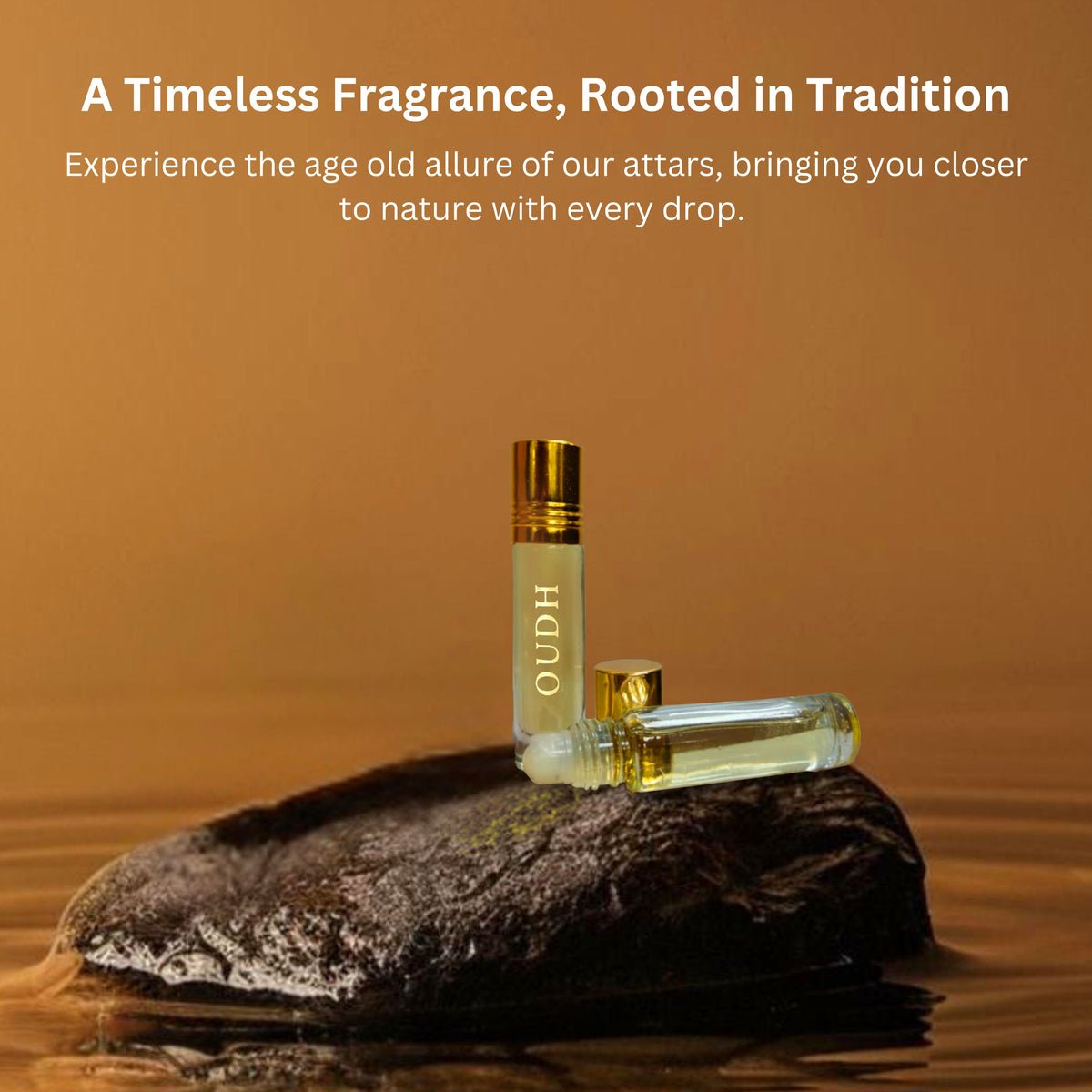 Tatha Oudh Attar in a 10ml glass bottle with golden cap, a timeless fragrance rooted in tradition, offering the age-old allure of ittars and a deep connection to nature with every drop.