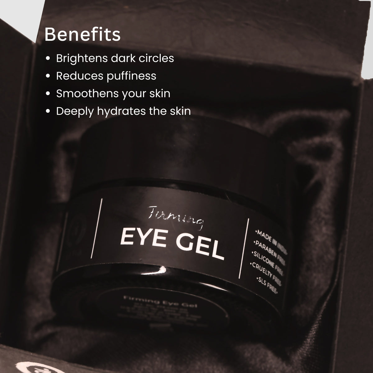 Tatha Firming Under Eye Gel with product box, highlighting key benefits: brightens dark circles, reduces puffiness, smooths skin, and deeply hydrates the under-eye area.