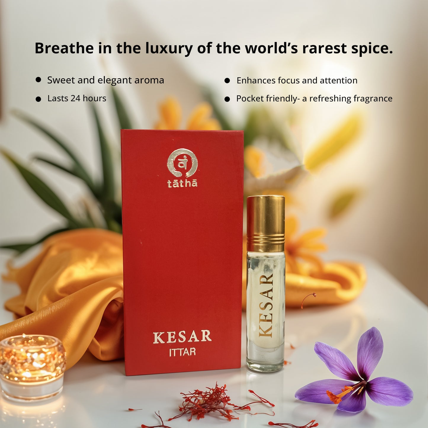 Tatha Kesar Attar closed box with 10ml glass bottle and golden cap inside, featuring a sweet and elegant aroma of the world's rarest spice, lasts 24 hours, enhances focus, pocket-friendly and refreshing fragrance