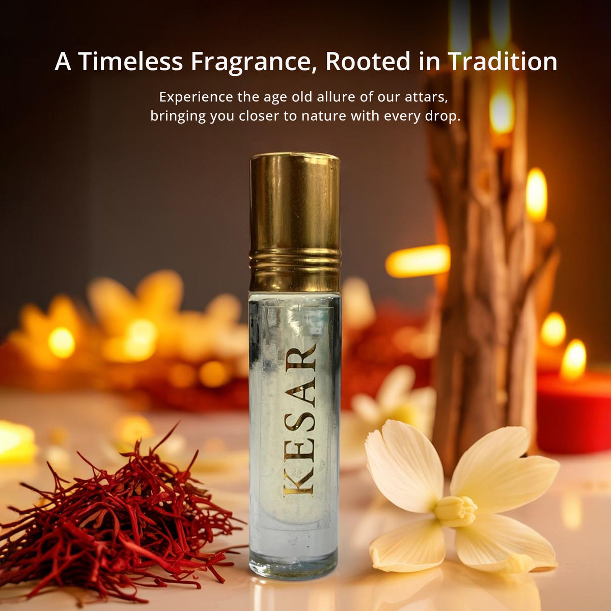 Tatha Kesar Attar in a 10ml glass bottle with a golden cap – a timeless fragrance rooted in tradition; experience the old-age allure, bringing you closer to nature with every drop.