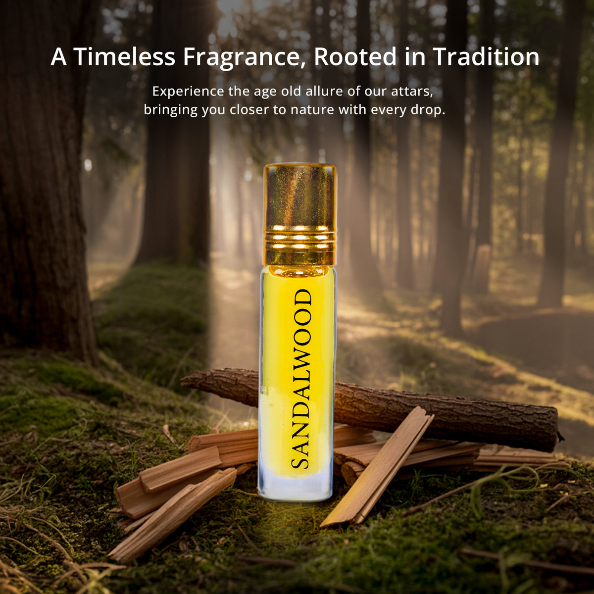 Tatha Sandalwood Attar in a 10ml glass bottle with a golden cap – a timeless fragrance rooted in tradition; experience the age-old allure, bringing you closer to nature with every drop.