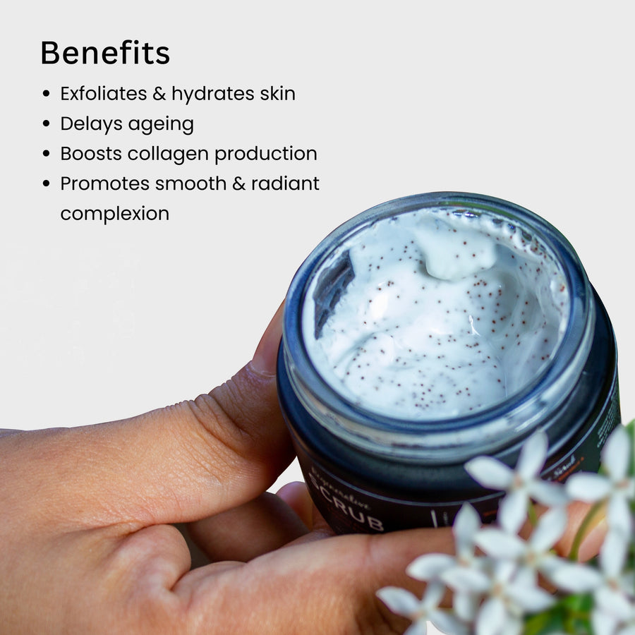 Tatha Regenerative Scrub in an open jar held in hand; exfoliates and hydrates skin, delays aging, boosts collagen production, and promotes a smooth, radiant complexion.